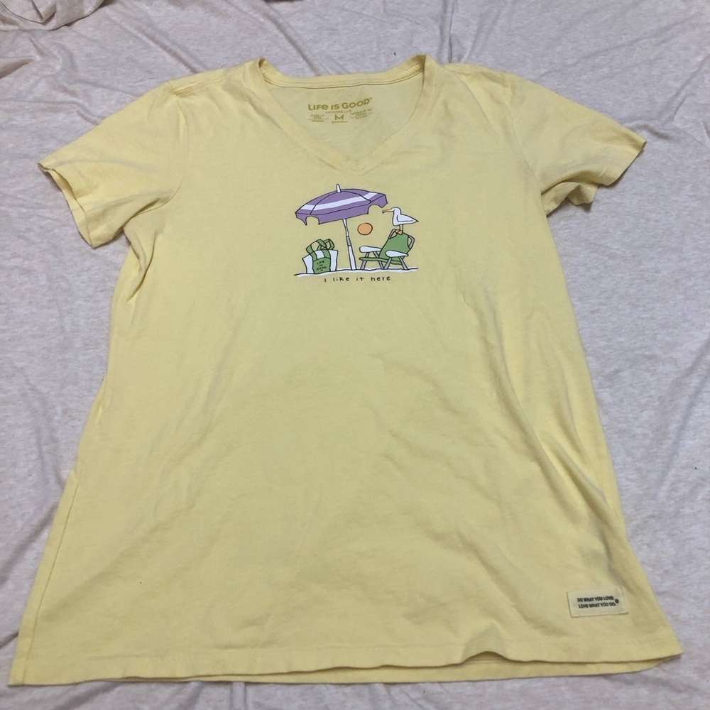 Life is Good V Neck Beach Shirt Resort Vacation Summer Funny Butter Yellow